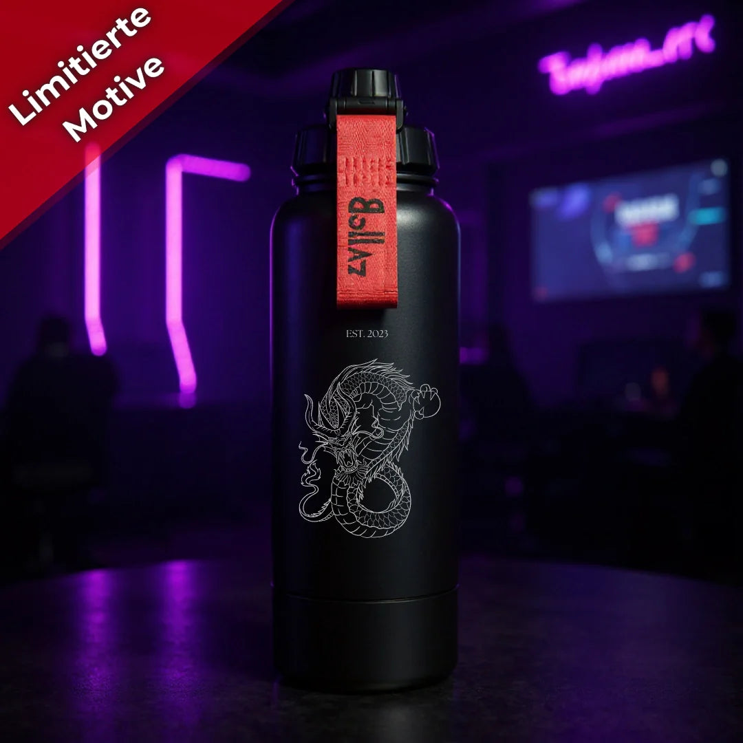 Gaming Edition Edelstahlflasche mit limitierter Drachen-Lasergravur – 1000ml, isoliert, 48h kalt & 24h warm.