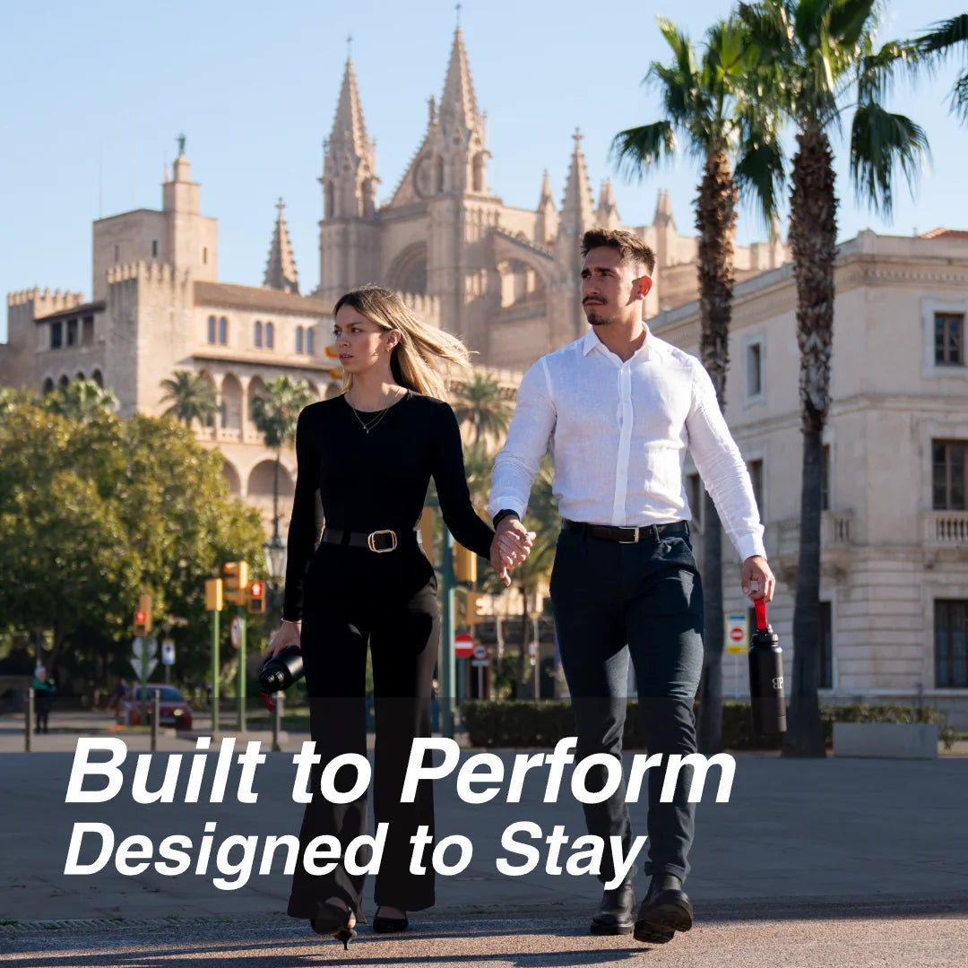 Lifestyle-Aufnahme mit der Bollaz Edelstahlflasche 1200 ml – stilvolles Design, doppelwandig isoliert, auslaufsicher und gebaut, um zu performen.