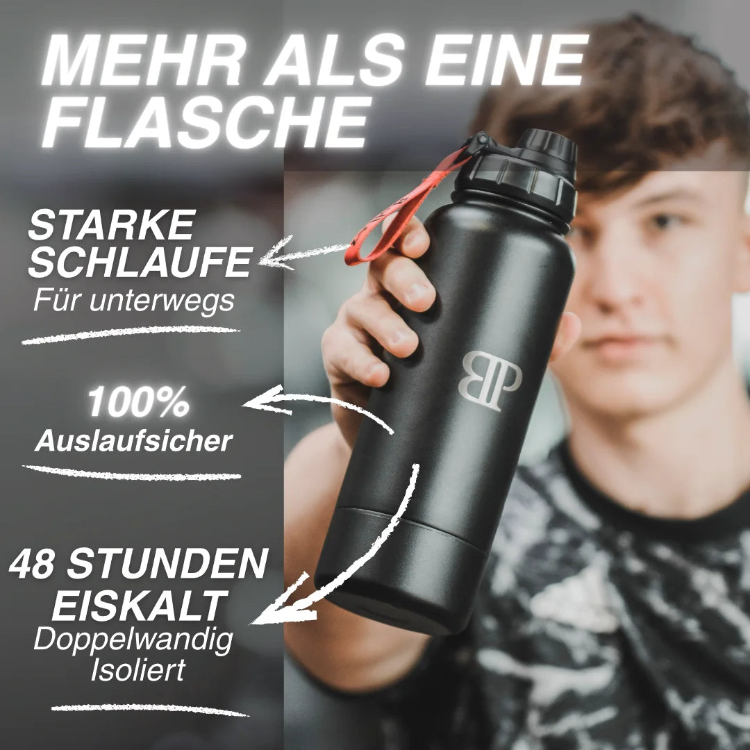 Bollaz Edelstahlflasche 1200 ml mit Quickslot – auslaufsicher, doppelwandig isoliert, 48 h eiskalt, 24 h warm, mit starker Schlaufe für unterwegs.