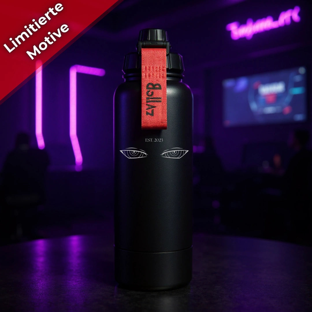 Bollaz Gaming Edelstahlflasche 1200 ml mit Gravur „Noctis Eyes“ – Quickslot, doppelwandig isoliert, 48 h kalt, 24 h warm, auslaufsicher und mit intensivem Anime-Gaming-Design.