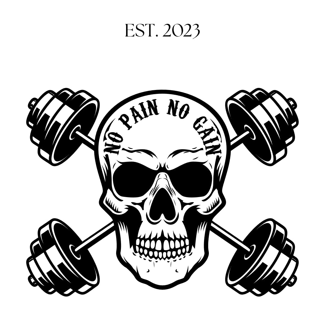 Gravurdesign mit Totenkopf, gekreuzten Hanteln und dem Schriftzug „No Pain No Gain“, ergänzt durch „EST. 2023“. Hartes, motivierendes Gym-Motiv für Bodybuilding, Krafttraining und echte Grinder.
