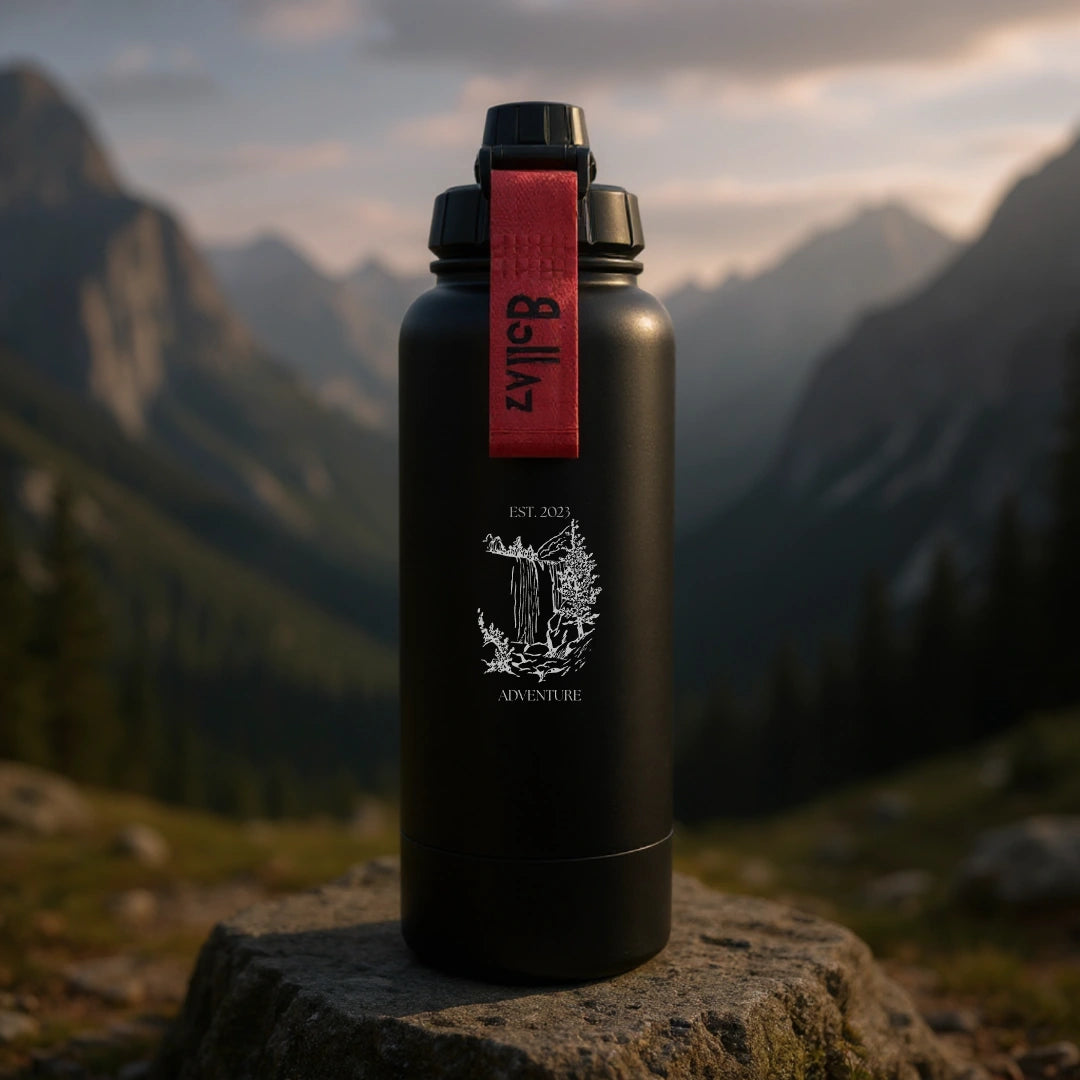 Bollaz Outdoor Edition Edelstahlflasche 1200 ml mit Gravur „Adventure“ – Quickslot, doppelwandig isoliert, 48 h kalt, 24 h warm, auslaufsicher und perfekt für Reisen, Natur und Abenteuer.