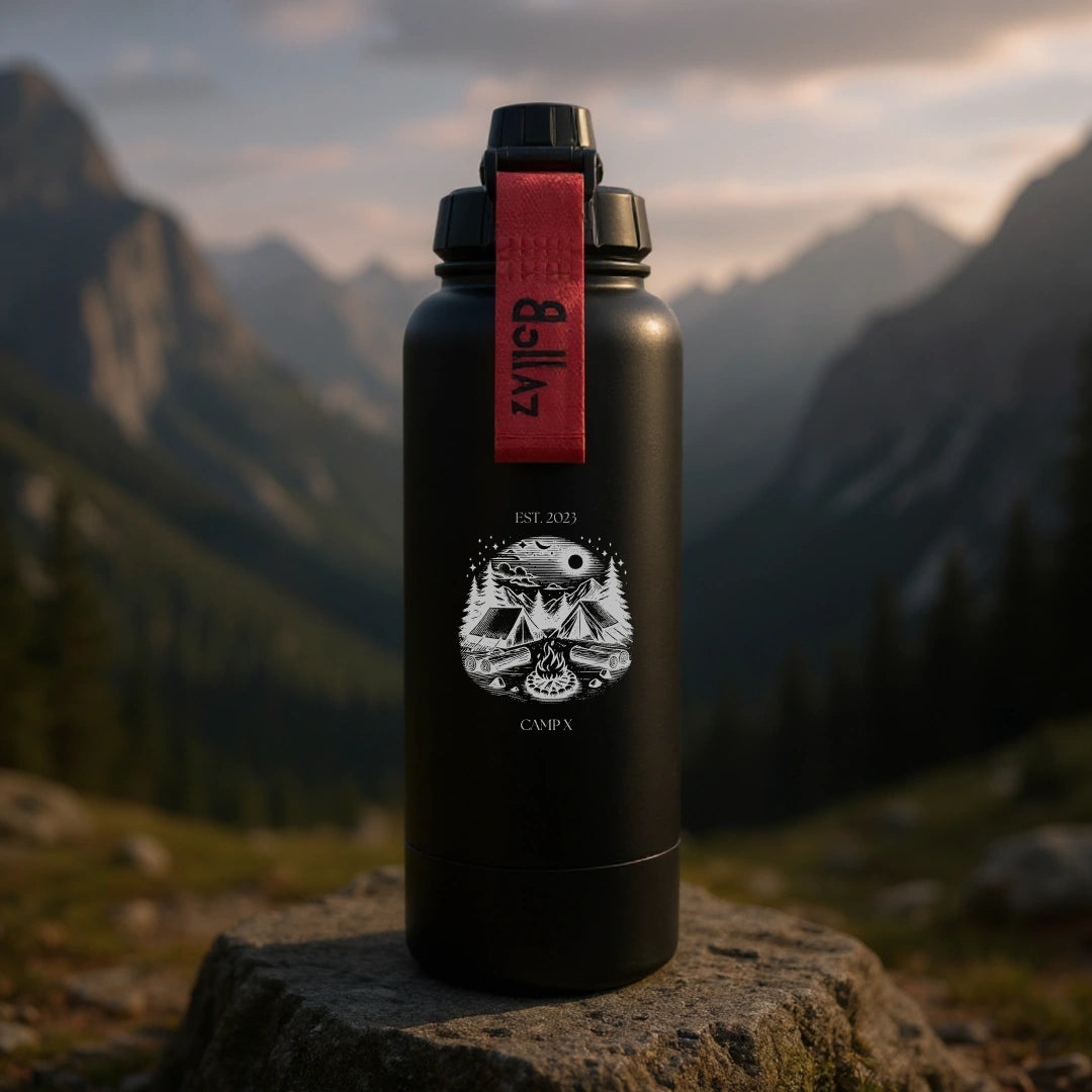 Bollaz Outdoor Edition Edelstahlflasche 1200 ml mit Gravur „Camp X“ – Quickslot, doppelwandig isoliert, 48 h kalt, 24 h warm, auslaufsicher und mit Lagerfeuer-Design. Perfekt für Camping, Vanlife und gemeinsame Outdoor-Abenteuer.