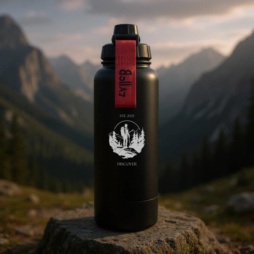 Bollaz Outdoor Edition Edelstahlflasche 1200 ml mit Gravur „Discover“ – Quickslot, doppelwandig isoliert, 48 h kalt, 24 h warm, auslaufsicher und ideal für Reisen, Natur und Abenteuer.