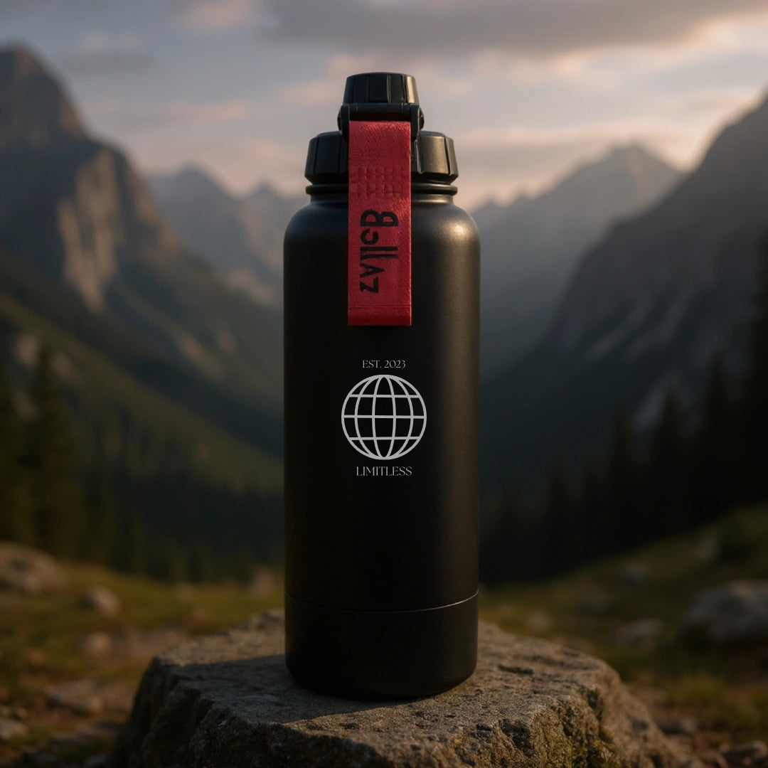 Bollaz Outdoor Edition Edelstahlflasche 1200 ml mit Gravur „Limitless“ – Quickslot, doppelwandig isoliert, 48 h kalt, 24 h warm, auslaufsicher und gemacht für grenzenlose Abenteuer.