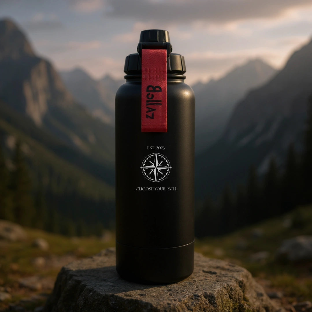 Bollaz Outdoor Edition Edelstahlflasche 1200 ml mit Gravur „Choose Your Path“ – Quickslot, doppelwandig isoliert, 48 h kalt, 24 h warm, auslaufsicher und mit Kompassmotiv für Abenteurer und Entdecker.