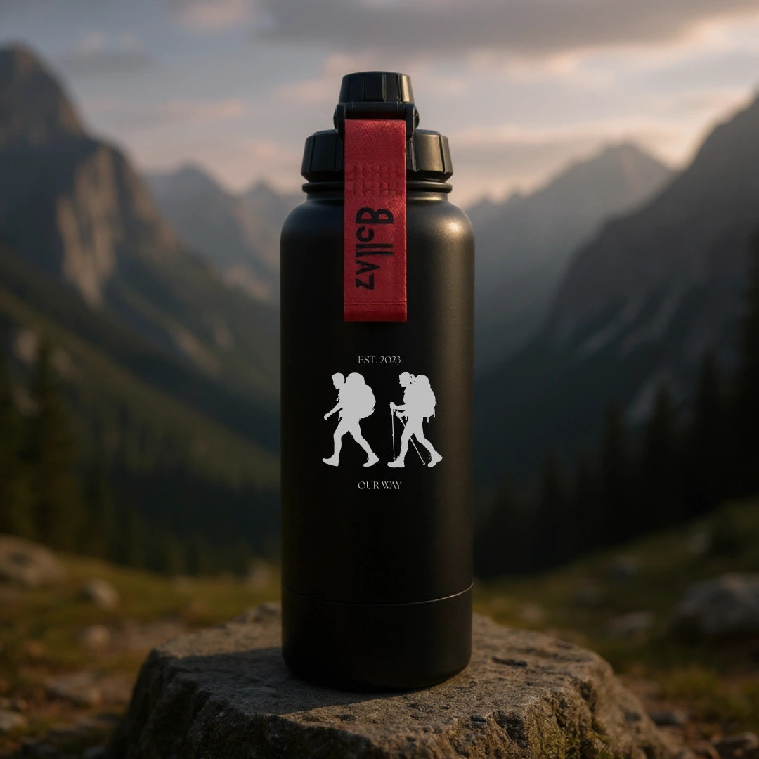 Bollaz Outdoor Edition Edelstahlflasche 1200 ml mit Gravur „Our Way“ – Quickslot, doppelwandig isoliert, 48 h kalt, 24 h warm, auslaufsicher und mit Wanderdesign. Perfekt für Paare, Freunde und gemeinsame Abenteuer. Perfekt als Geschenk.
