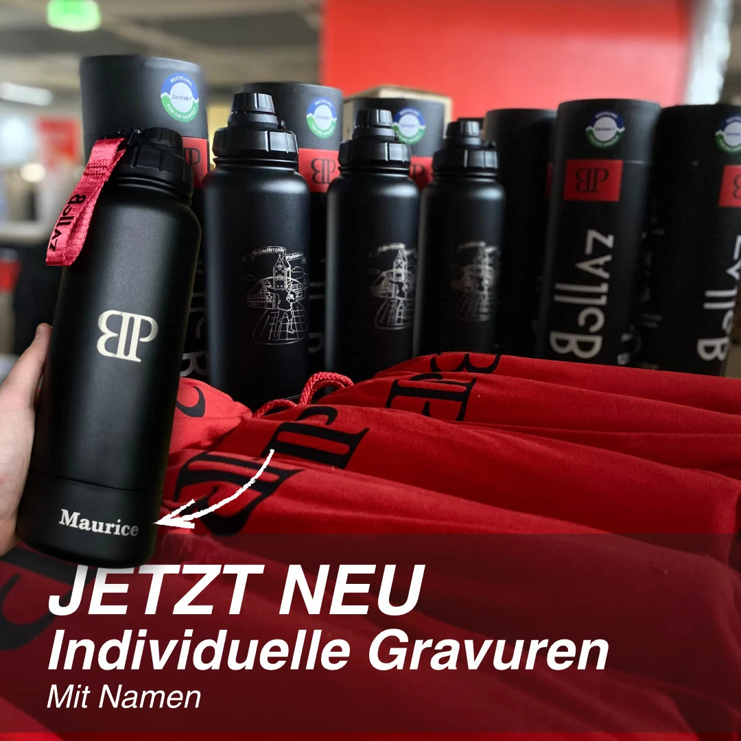 Bollaz Edelstahlflasche mit individueller Gravur – personalisierbar mit Namen. Quickslot, doppelwandig isoliert, 48 h kalt, 24 h warm und 100 % auslaufsicher.