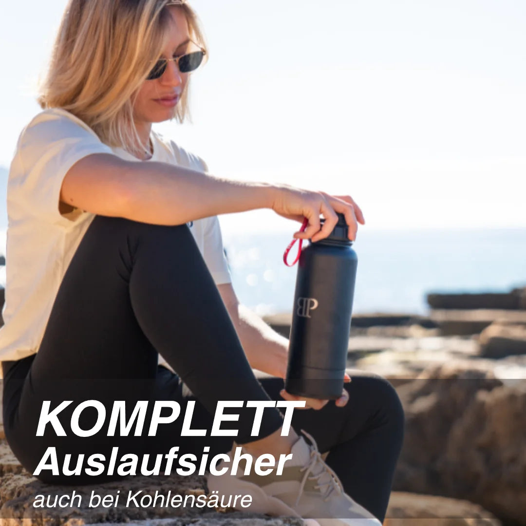 Bollaz Edelstahlflasche 1200 ml mit Quickslot – auslaufsicher auch bei Kohlensäure, doppelwandig isoliert, ideal für Outdoor und unterwegs.