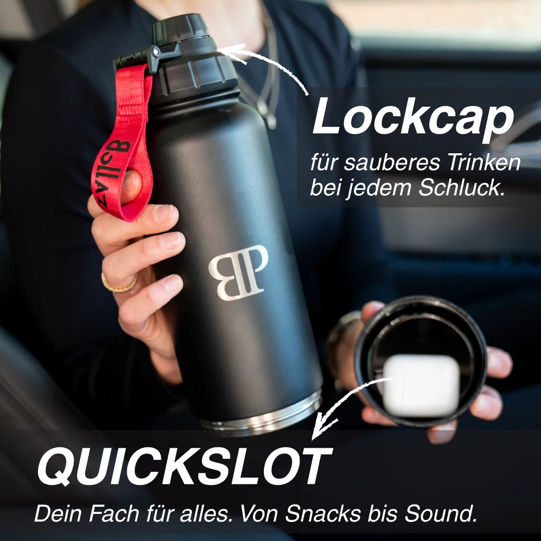 Bollaz Edelstahlflasche 1200 ml mit Quickslot und Lockcap – auslaufsicher, doppelwandig isoliert, ideal für unterwegs. Fach für Snacks oder Supplements.