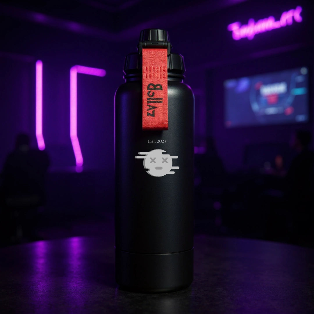 Bollaz Gaming Edelstahlflasche 1200 ml mit Gravur „Dead Emoji“ – Quickslot, doppelwandig isoliert, 48 h kalt, 24 h warm, auslaufsicher und mit auffälligem Gaming-Design.