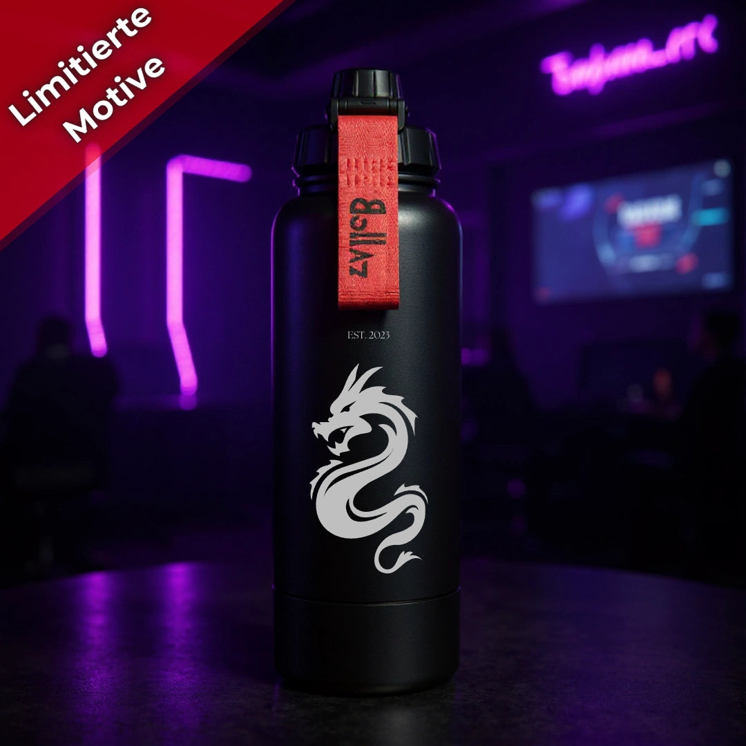 Bollaz Gaming Edelstahlflasche 1200 ml mit Gravur „Dragon Spirit“ – Quickslot, doppelwandig isoliert, 48 h kalt, 24 h warm, auslaufsicher und mit dynamischem Drachen-Gaming-Design.