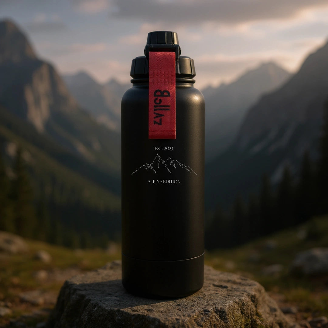 Bollaz Outdoor Edition Edelstahlflasche 1200 ml mit Gravur „Alpine“ – Quickslot, doppelwandig isoliert, 48 h kalt, 24 h warm, auslaufsicher und perfekt für Bergliebhaber und Abenteuer.