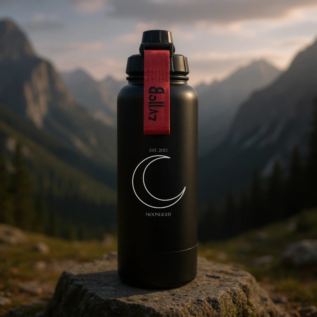 Bollaz Outdoor Edition Edelstahlflasche 1200 ml mit Gravur „Moonlight“ – Quickslot, doppelwandig isoliert, 48 h kalt, 24 h warm, auslaufsicher und ideal für Camping, Wandern und Abenteuer bei Nacht.