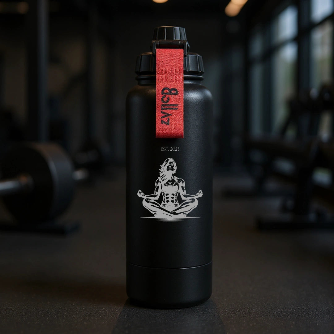 Bollaz Sport Edition Edelstahlflasche 1200 ml mit Gravur „Female Meditation Muscle“ – isoliert (48 h kalt, 24 h warm), auslaufsicher, Quickslot-Trageschlaufe und mattschwarzem Finish. Perfekt für Yoga, Gym, Mindset und einen starken, ausgeglichenen Lifestyle.