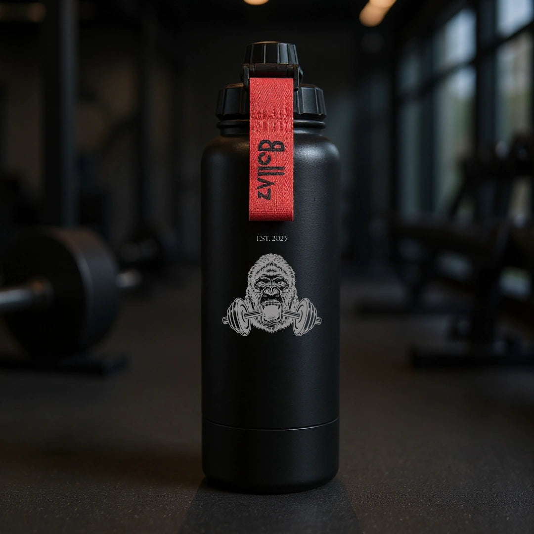 Bollaz Sport Edition Edelstahlflasche 1200 ml mit Gravur „Gorilla Dumbbell“ – isoliert (48 h kalt, 24 h warm), auslaufsicher, Quickslot-Trageschlaufe und mattschwarzem Finish. Perfekt für Hardcore-Fitness, Bodybuilding und intensives Krafttraining.