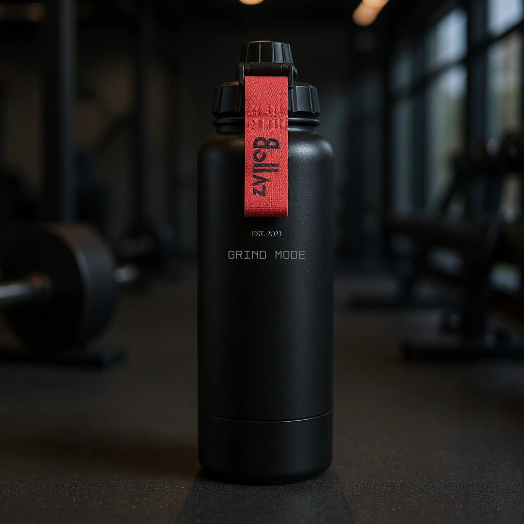 Bollaz Sport Edition Edelstahlflasche 1200 ml mit Gravur „Grind Mode“ – isoliert (48 h kalt, 24 h warm), auslaufsicher, Quickslot-Trageschlaufe und mattschwarzem Finish. Perfekt für Training, Arbeit, Studium und jeden, der im Grind-Modus lebt.