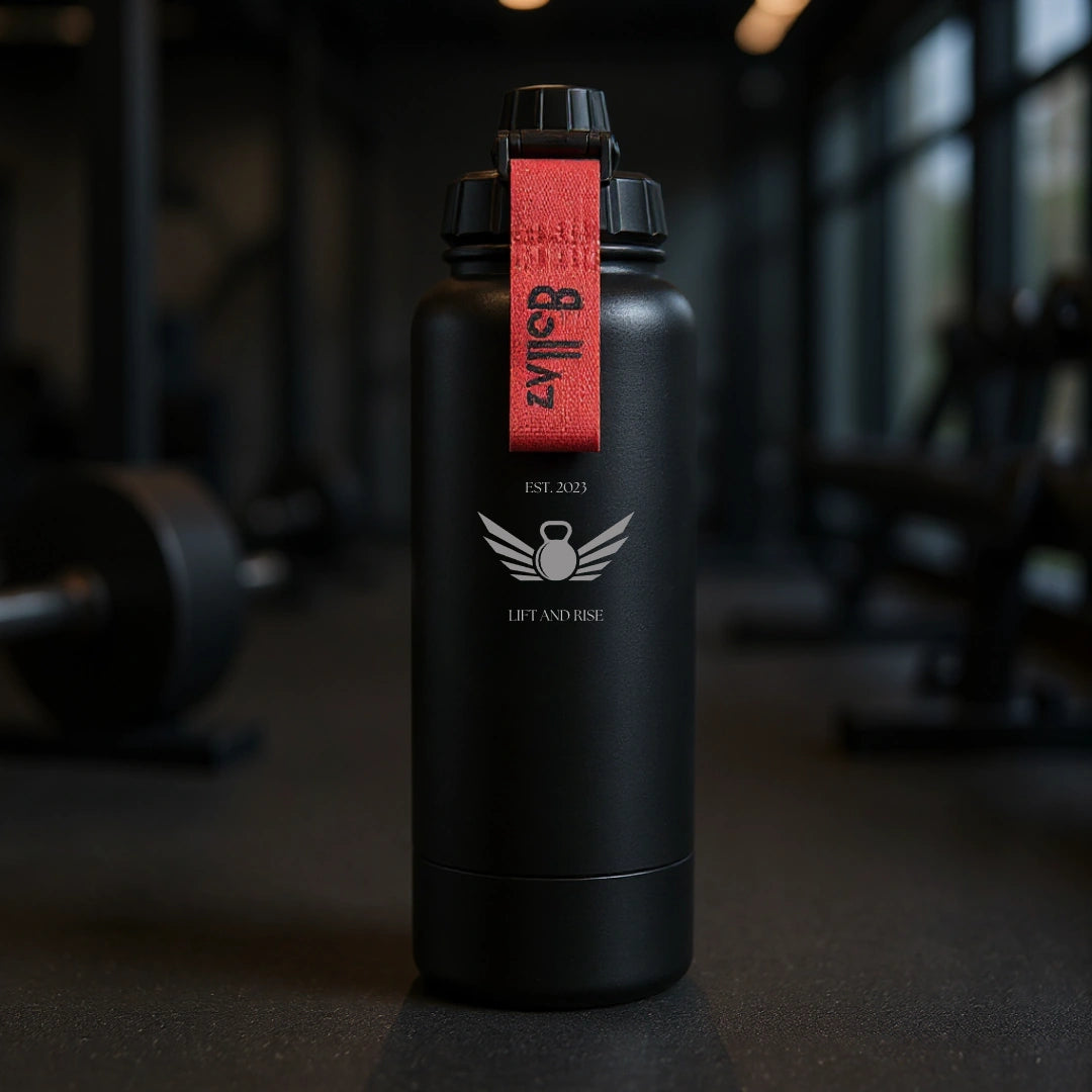 Bollaz Sport Edition Edelstahlflasche 1200 ml mit Gravur „Lift and Rise“ – doppelwandig isoliert, 48 h kalt, 24 h warm, auslaufsicher und mit kraftvollem Kettlebell-Flügel-Design. Perfekt für Fitness, Crossfit, Krafttraining und alle, die jeden Tag stärker werden.