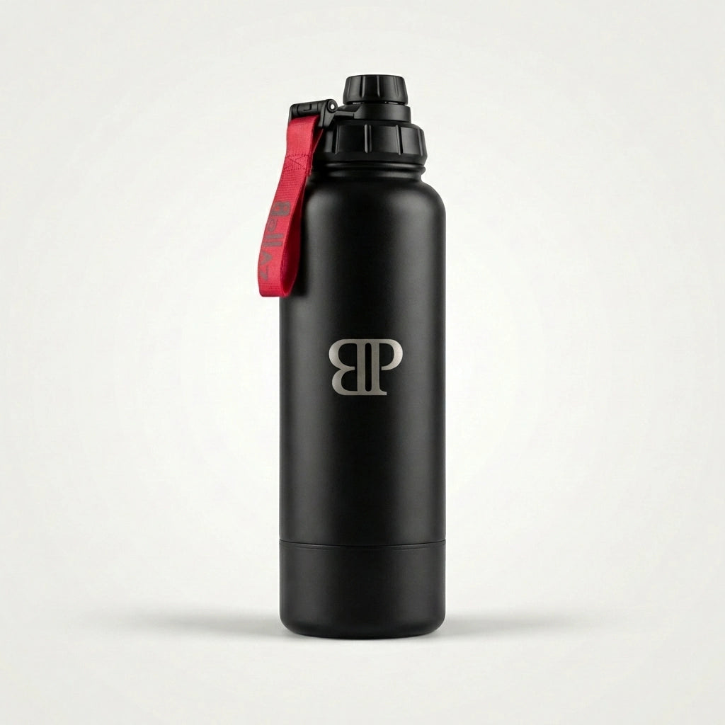 Schwarze Bollaz Edelstahl Thermoflasche mit roter Trageschlaufe auf hellem Studiohintergrund, ohne Gravur, minimalistisch und hochwertig inszeniert.